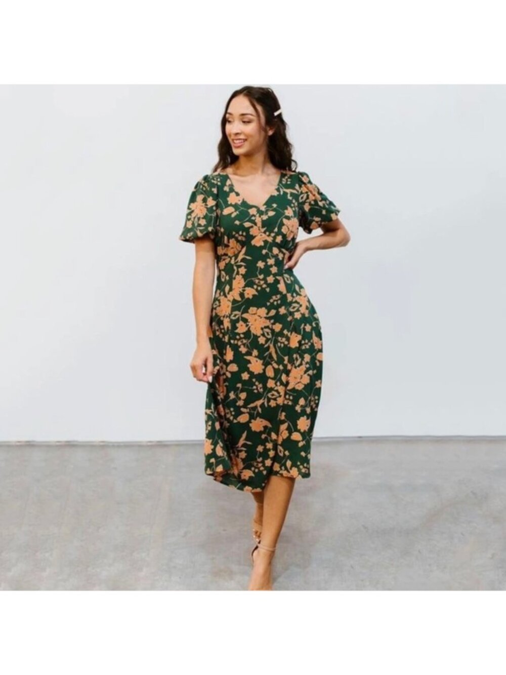 Baltic Born Adele Midi Dress Green and Clay Floral Party Puff Sleeve Fall Large